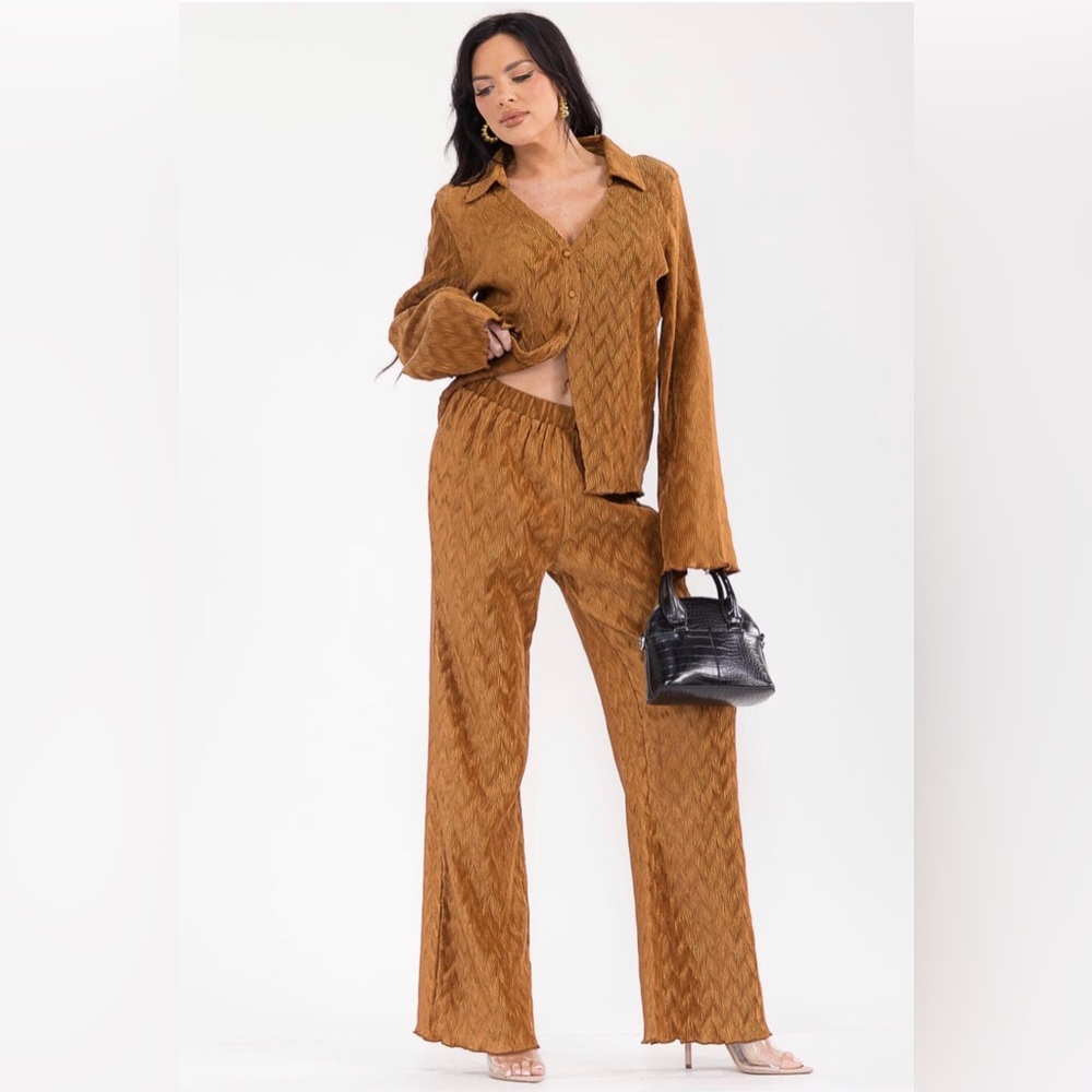 SET WOMEN'S LONG SLEEVE BLOUSE & ELASTIC WAIST PANTS DETAILED 2PC.